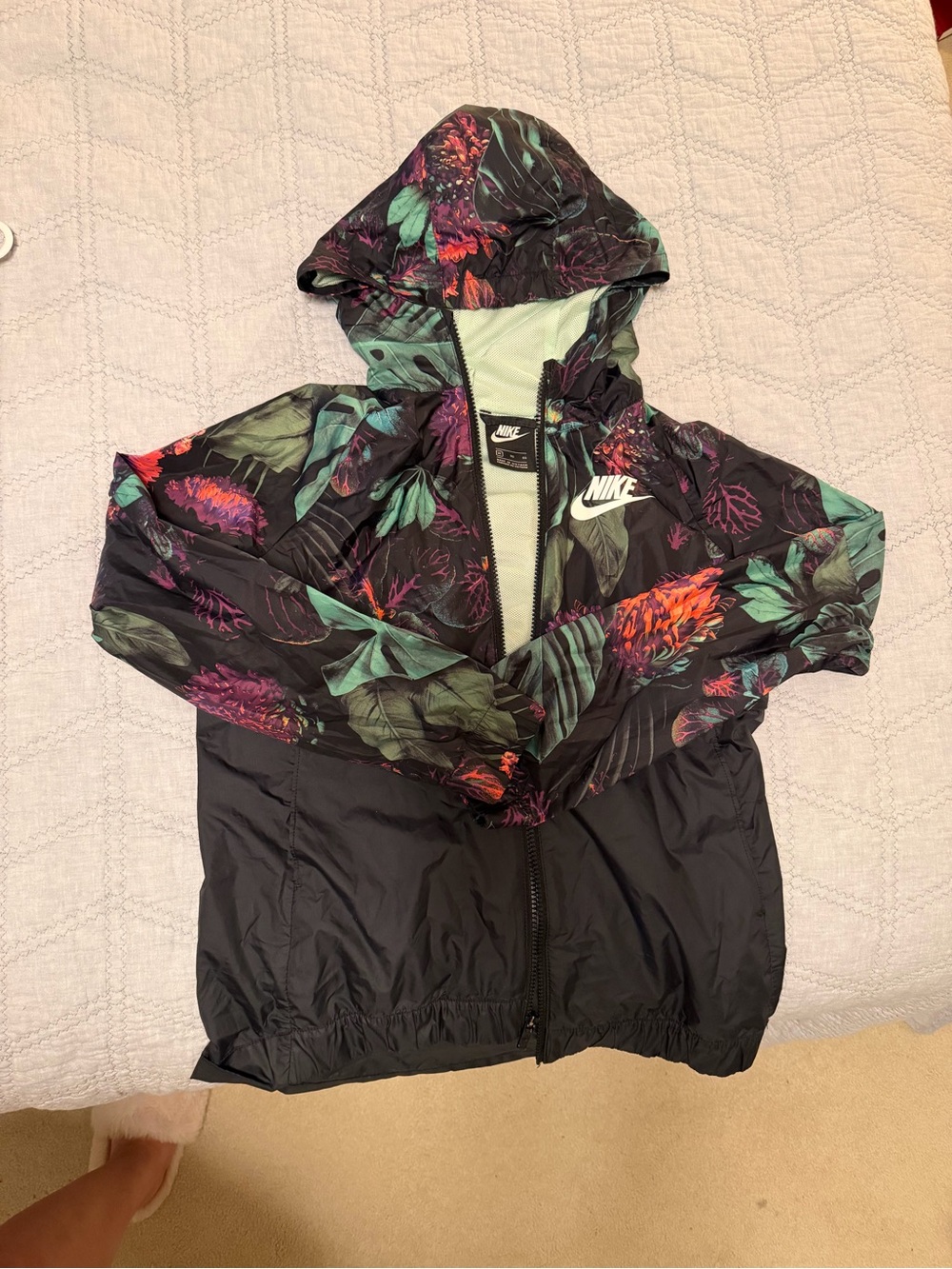 Nike Girls Black Floral Windbreaker Jacket with Green and Purple Accents